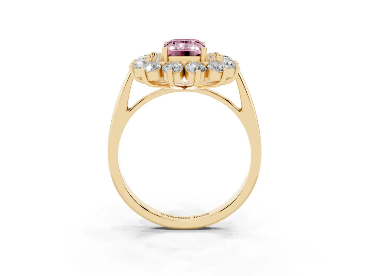 Fancy Pink Emerald Cut Diamond Floral Double Halo Engagement Ring with Prong Setting Yellow gold