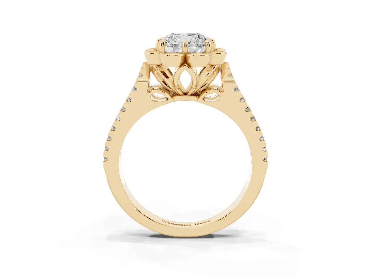 Cushion Cut Halo Diamond Floral Split Shank Engagement Ring Yellow gold