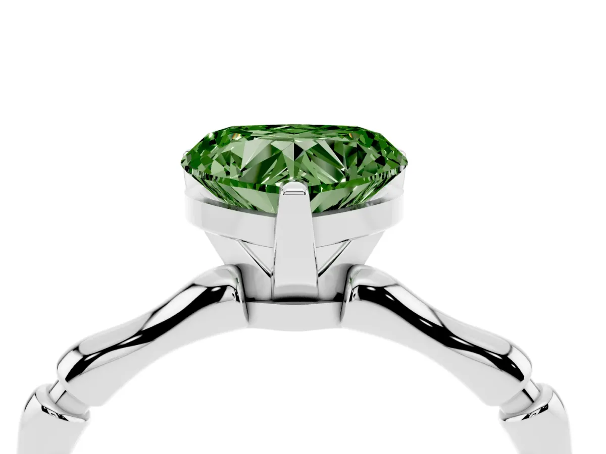 Fancy Green Heart Cut Solitaire Diamond Ring with Bamboo Band and Four-Prong Setting Silver