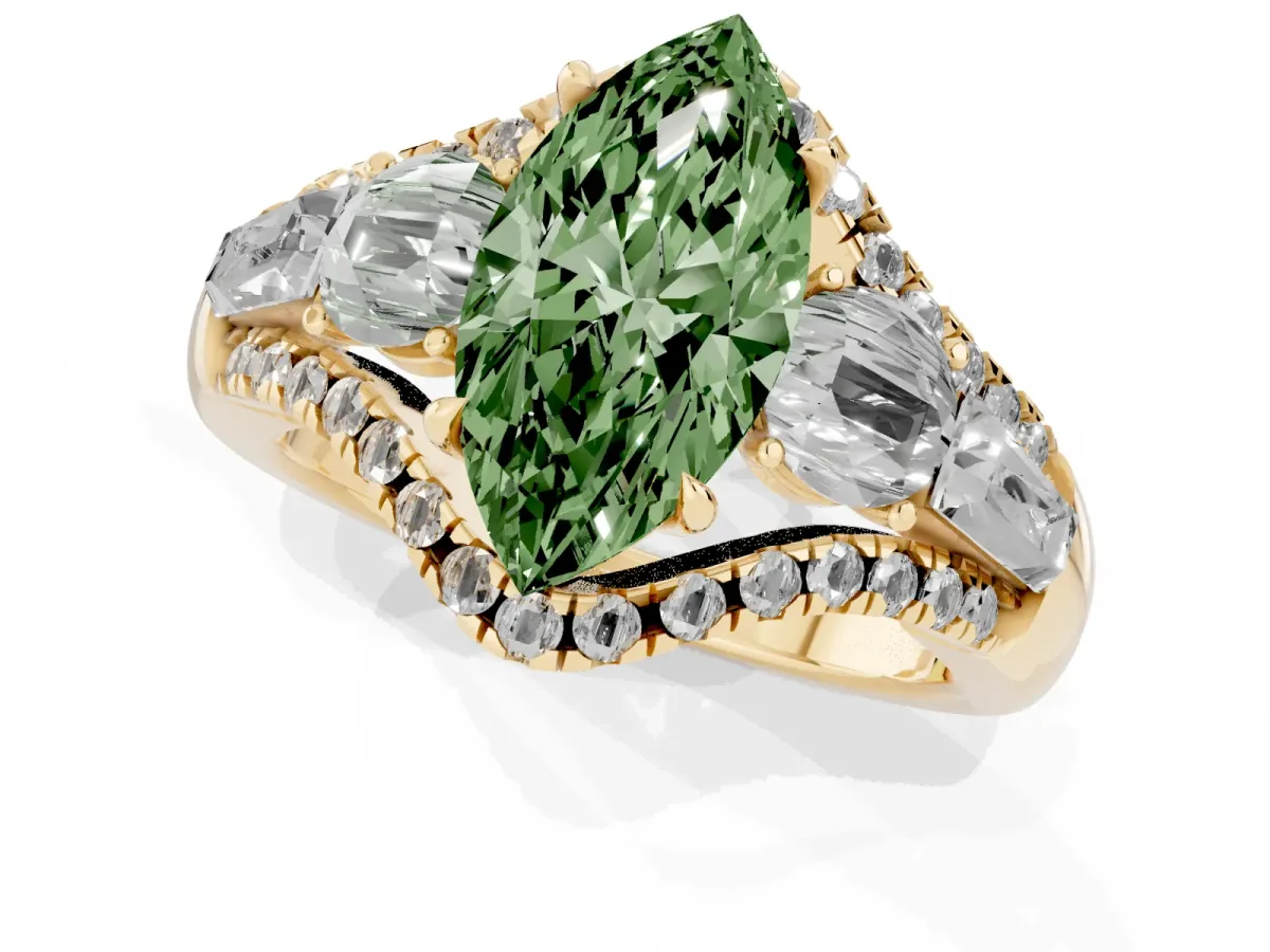 Fancy Green Three-Stone Marquise Cut Diamond Engagement Ring with Pave Band and Prong Setting Yellow gold