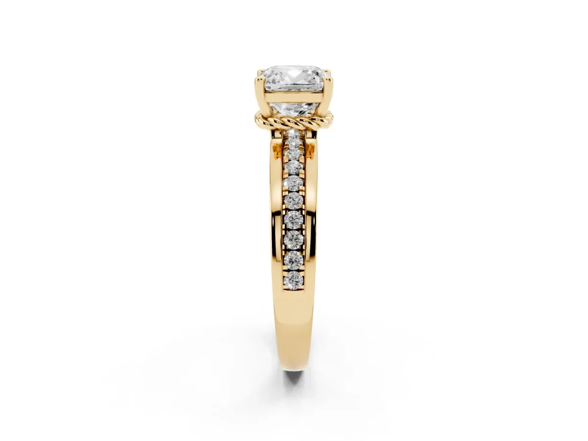 Cushion Cut Solitaire Diamond Ring with Channel Set Band and Six-Prong Setting Yellow gold