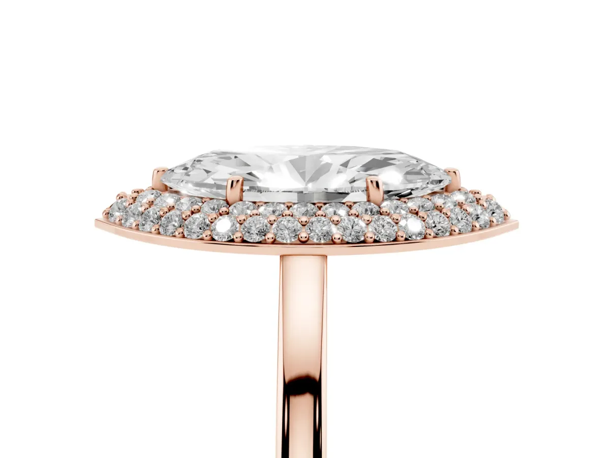 Marquise Cut Halo Diamond Engagement Ring with Solitaire Band and Four-Prong Setting Rose gold