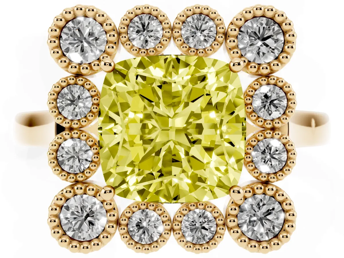 Fancy Yellow Cushion Cut Halo Diamond Cluster Engagement Ring with Milgrain Bezel Setting and Solitaire Band Yellow gold