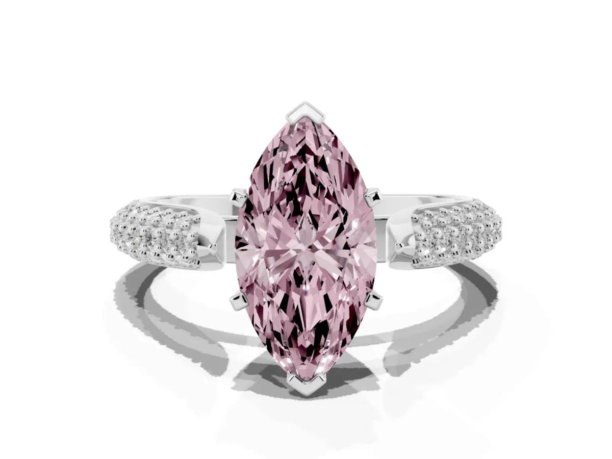 Fancy Pink Marquise Cut Diamond Solitaire Engagement Ring with Multi-Row Round Pavé Band and Prong Setting Silver