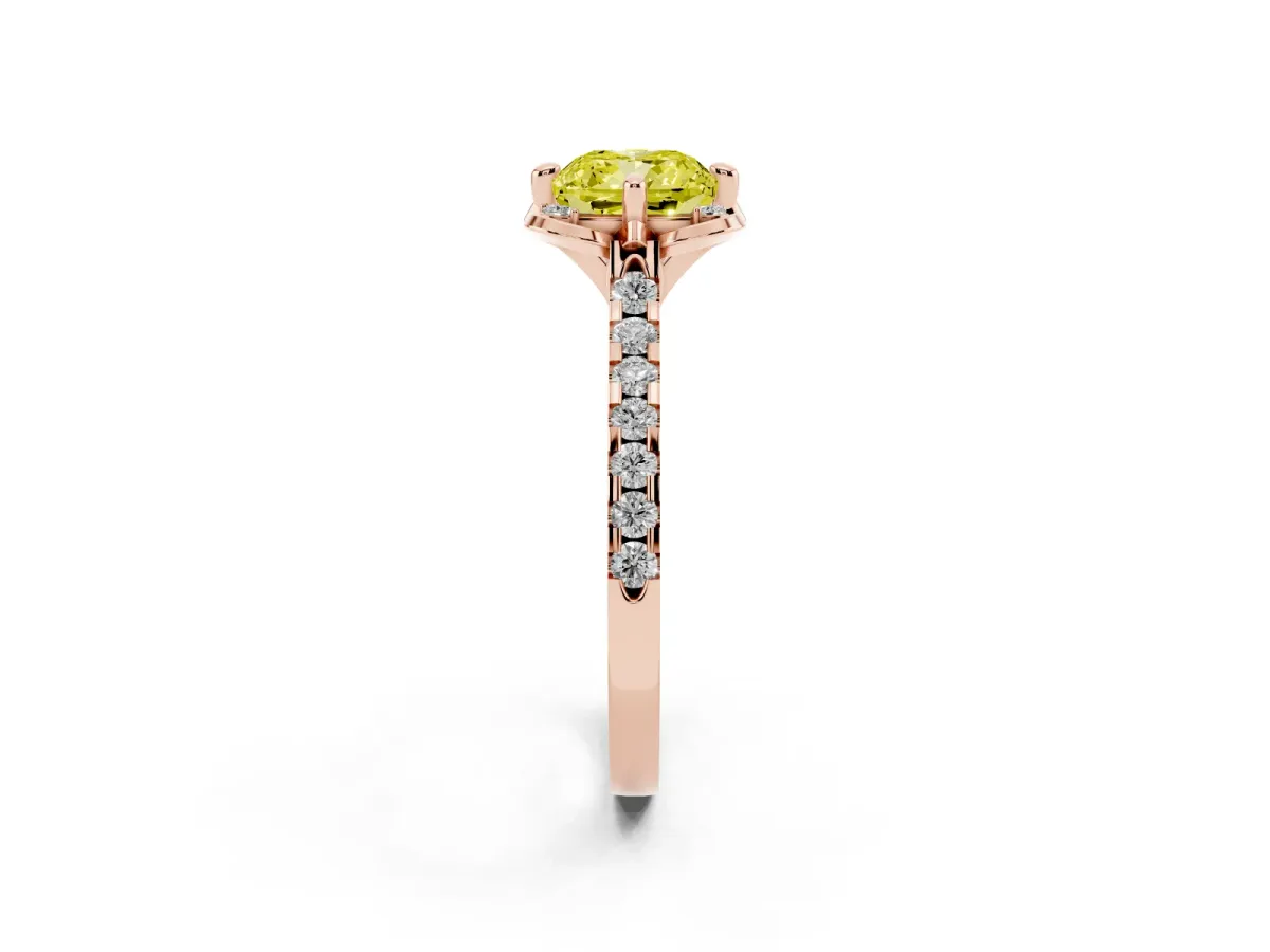 Fancy Yellow Cushion Cut Diamond Ring with Pavé Band and Floral Prong Setting Rose gold