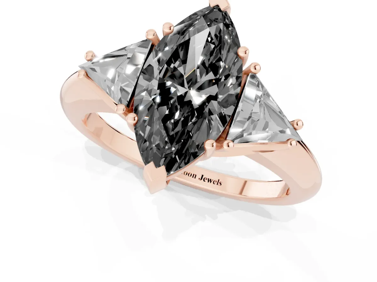 Fancy Black Three-Stone Marquise Cut Diamond Engagement Ring with Trillion Side Stones and Prong Setting Rose gold