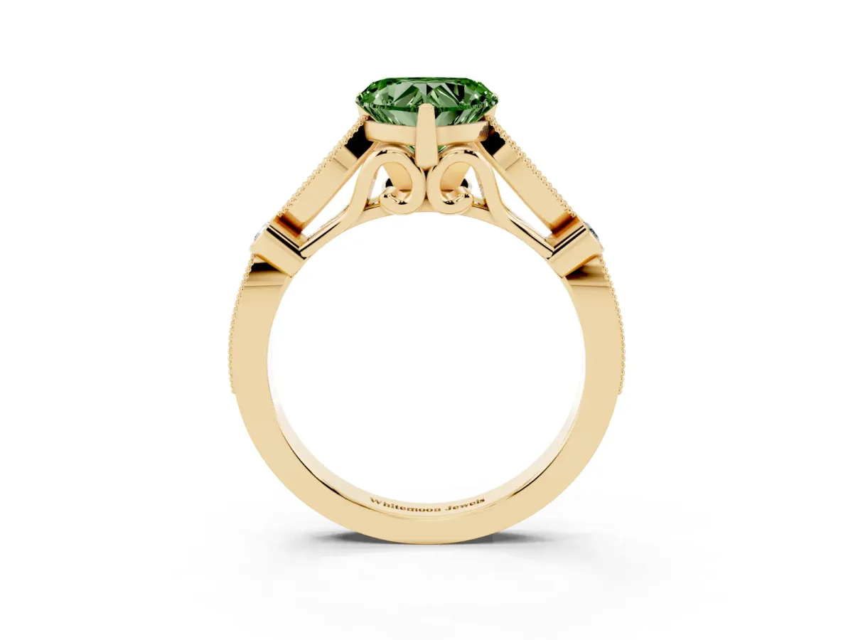 Fancy Green Heart Cut Cut Diamond with Milgrain Marquise and Bezel Accents on a Solitaire Band with Prong Setting Yellow gold
