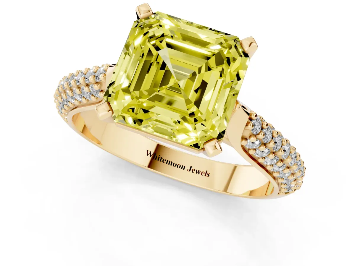 Fancy Yellow Asscher Cut Diamond Solitaire Engagement Ring with Multi-Row Round Pavé Band and Prong Setting Yellow gold