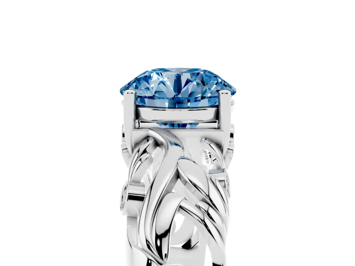 Fancy Blue Round Cut Solitaire Diamond Leaf-Inspired Vine Band Ring with Prong Setting Silver