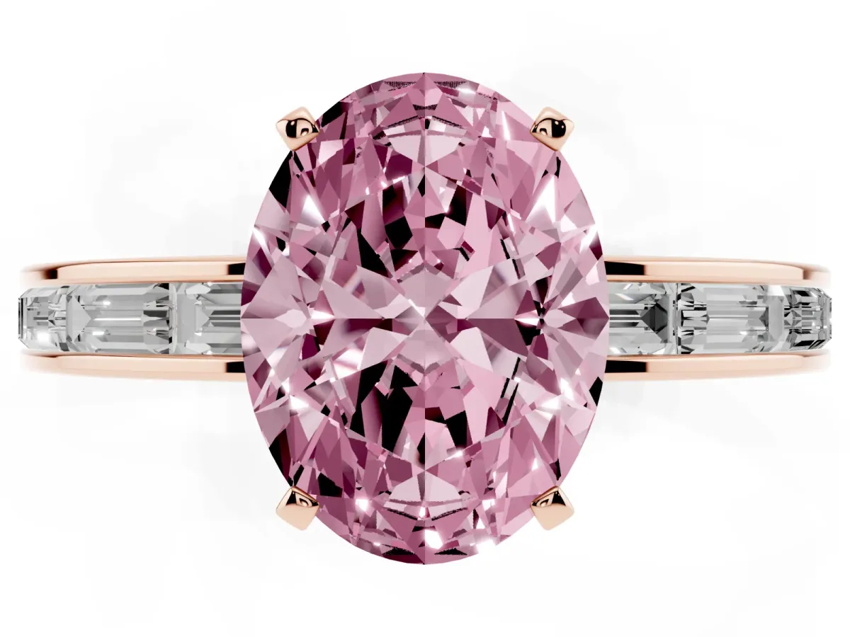 Fancy Pink Oval Cut Solitaire Diamond Ring with Channel-Set Baguette Band and Four-Prong Setting Rose gold