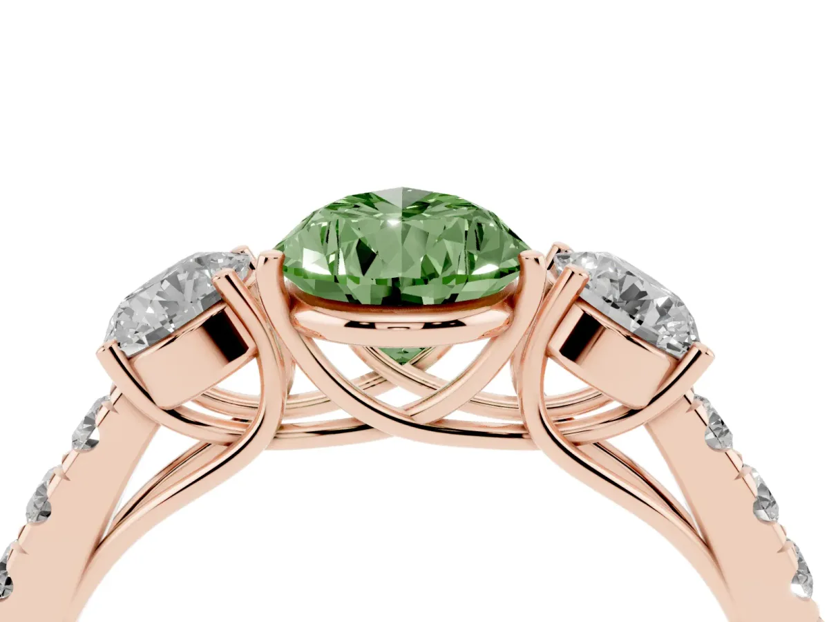 Fancy Green Pear Cut Cut Diamond Three-Stone Ring with Round Side Stones and Pavé Band Rose gold