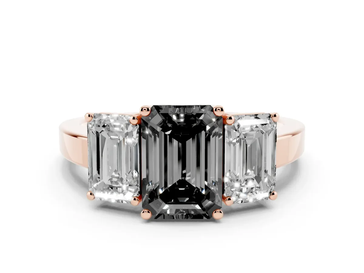 Fancy Black Three-Stone Emerald Cut Cut Diamond Engagement Ring with Flat Band and Four-Prong Setting Rose gold