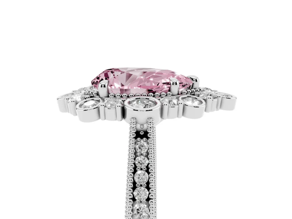 Fancy Pink Pear Cut Halo Milgrain Pave Diamond Ring with Four-Prong Setting Silver