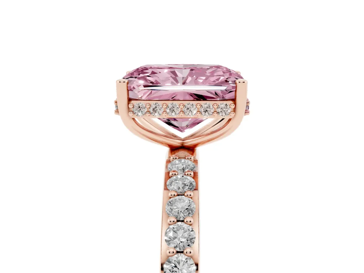 Fancy Pink Radiant Cut Diamond Solitaire Ring with Pavé Band and Hidden Halo Rose gold