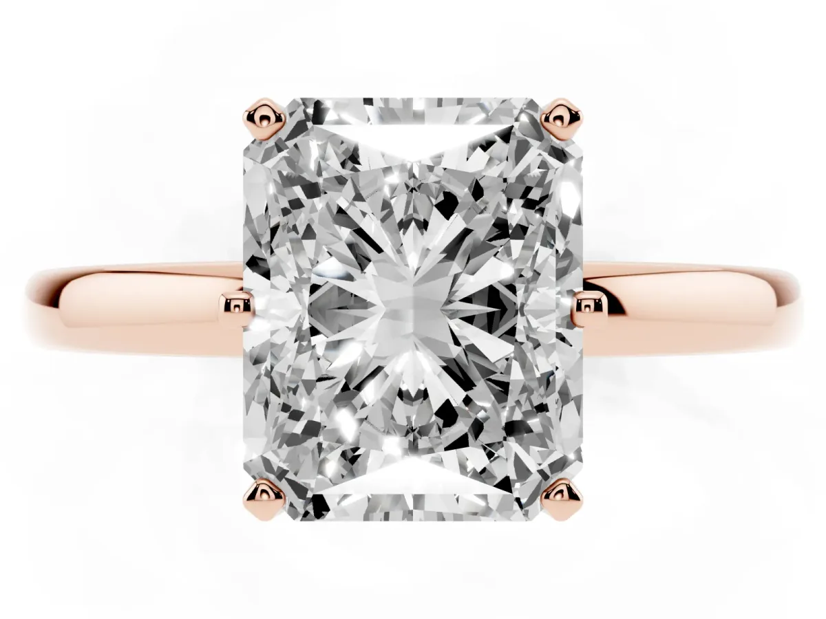 Radiant Cut Solitaire Diamond Ring with Six-Prong Setting on a Classic Band Rose gold