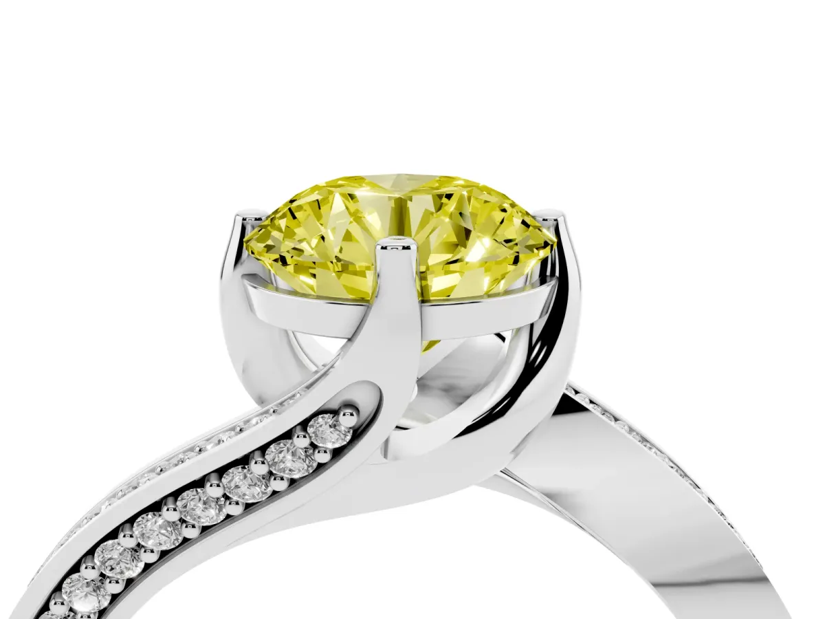 Fancy Yellow Round Cut Solitaire Diamond Twist Band with Pavé Setting and Four-Prong Setting Silver