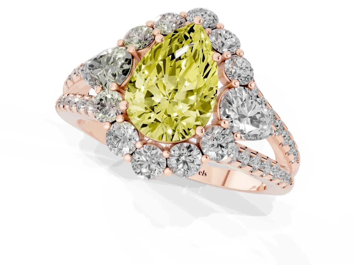 Fancy Yellow Pear Cut Halo Split Shank Diamond Engagement Ring with Prong Setting Rose gold