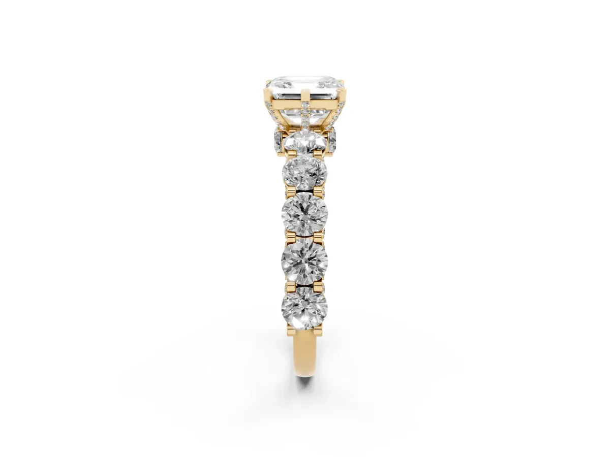 Asscher Cut Diamond Side Stone Engagement Ring with Four-Prong Setting Yellow gold