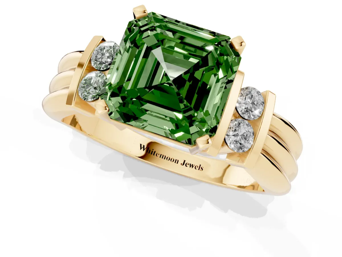 Fancy Green Asscher Cut Cut Three-Stone Channel Set Ring with Bar Prongs Yellow gold