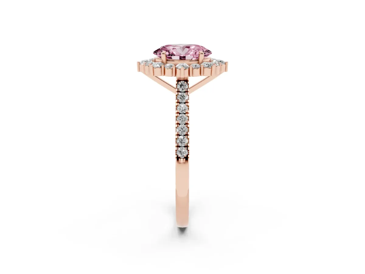 Fancy Pink Oval Cut Halo Diamond Ring with Pavé Band and Prong Setting Rose gold