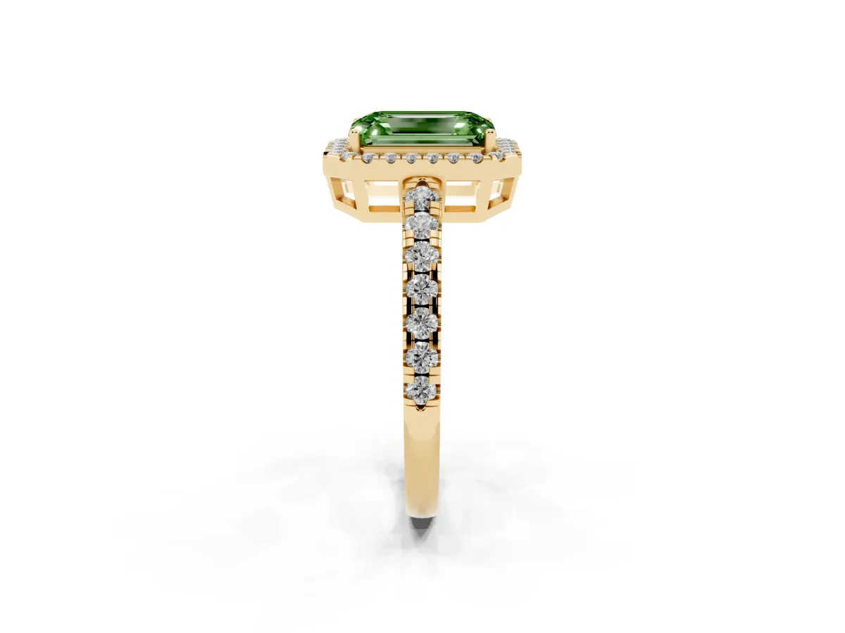 Fancy Green Emerald Cut Diamond Halo Ring with Pavé Band and Four-Prong Setting Yellow gold