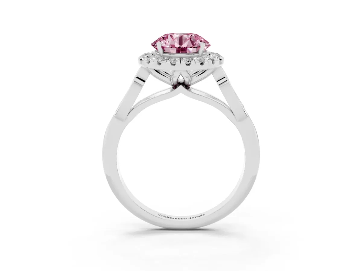 Fancy Pink Round Cut Halo Diamond Engagement Ring with Filigree Band and Four-Prong Setting Silver