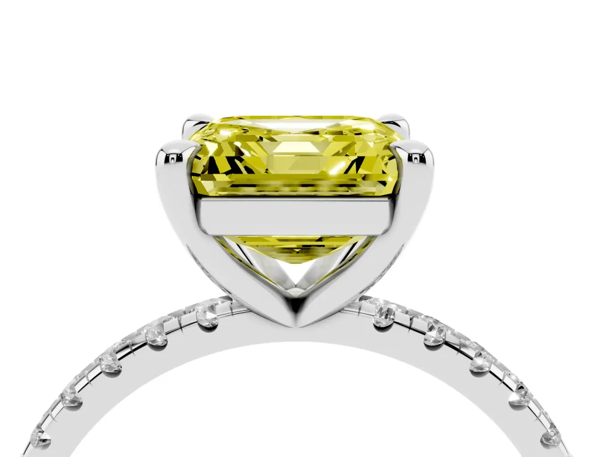 Fancy Yellow Asscher Cut Diamond Brilliant Solitaire Ring with Pavé Band and Four-Prong Setting Platinum