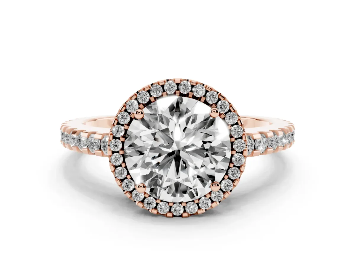 Round Cut Diamond Halo Engagement Ring with Pavé Band and Prong Setting Rose gold