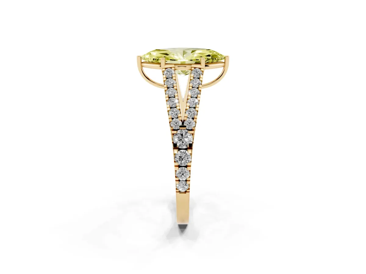 Fancy Yellow Marquise Cut Diamond Split Shank Pavé Engagement Ring with Four-Prong Setting Yellow gold
