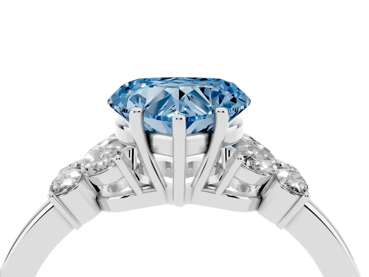 Fancy Blue Heart Cut Cut Solitaire Floral Diamond Ring with Four-Prong Setting Silver