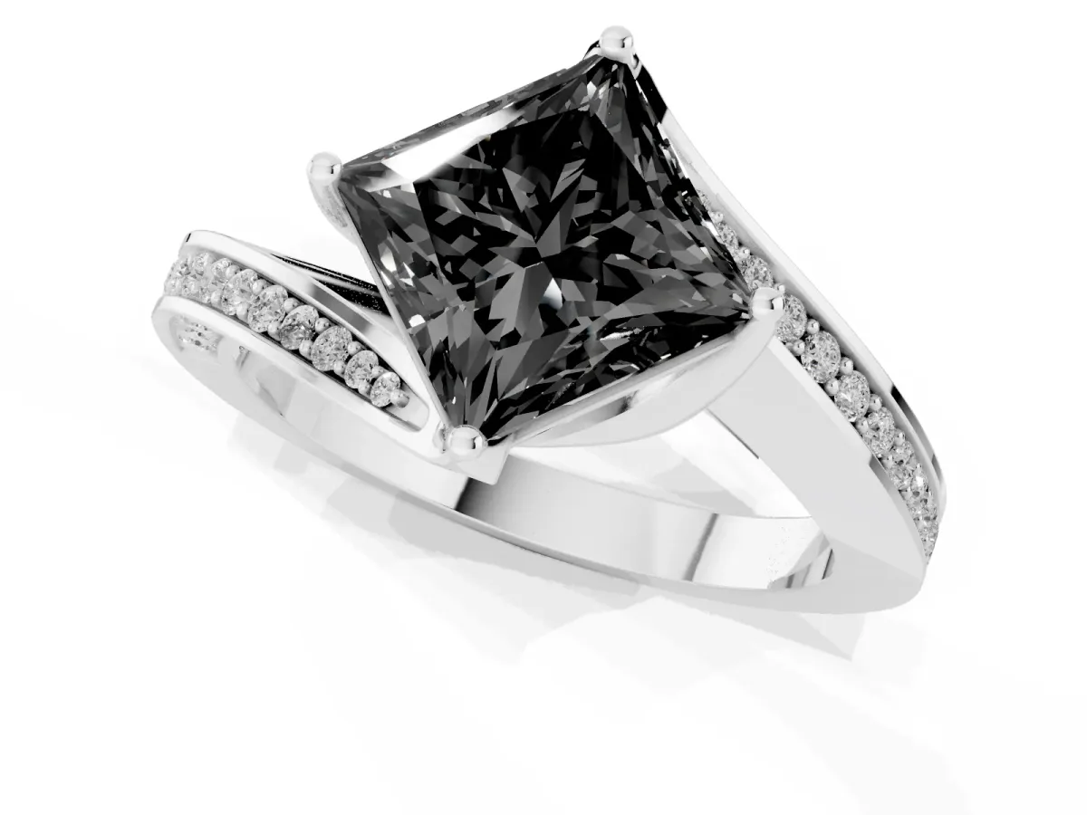 Fancy Black Princess Cut Solitaire Diamond Twist Band with Pavé Setting and Four-Prong Setting Platinum