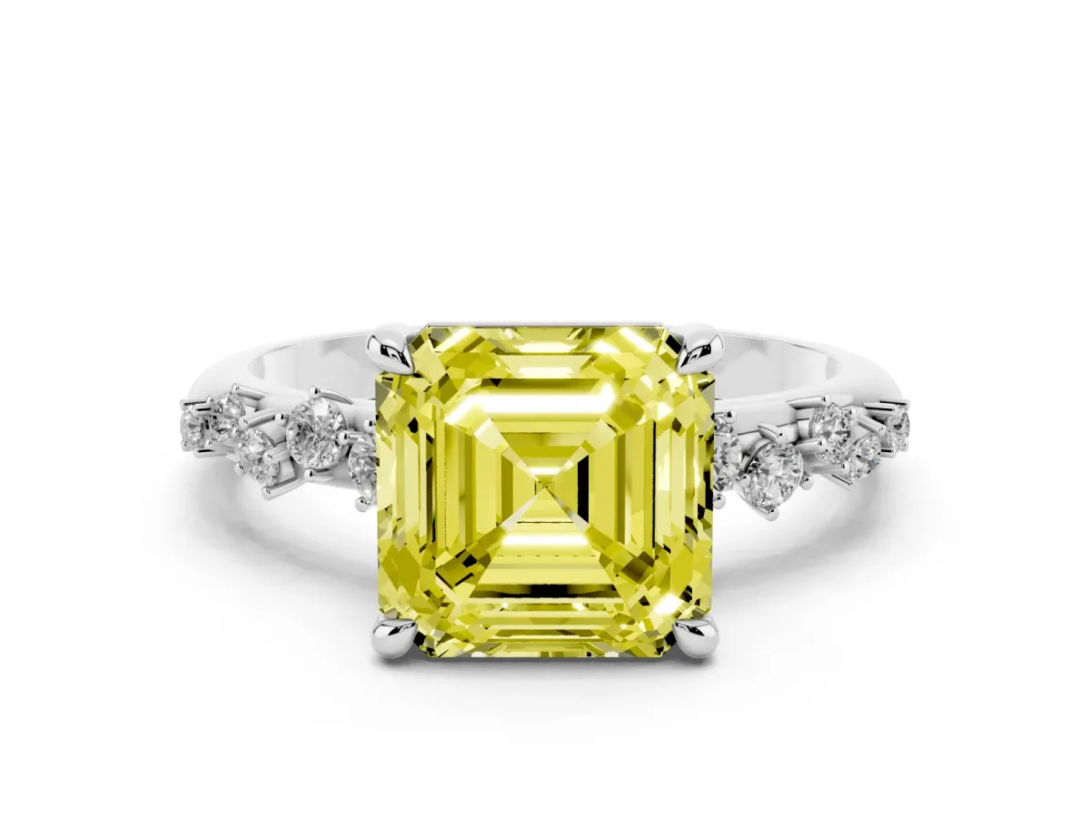 Fancy Yellow Asscher Cut Cut Diamond Vine Band with Four-Prong Setting White gold