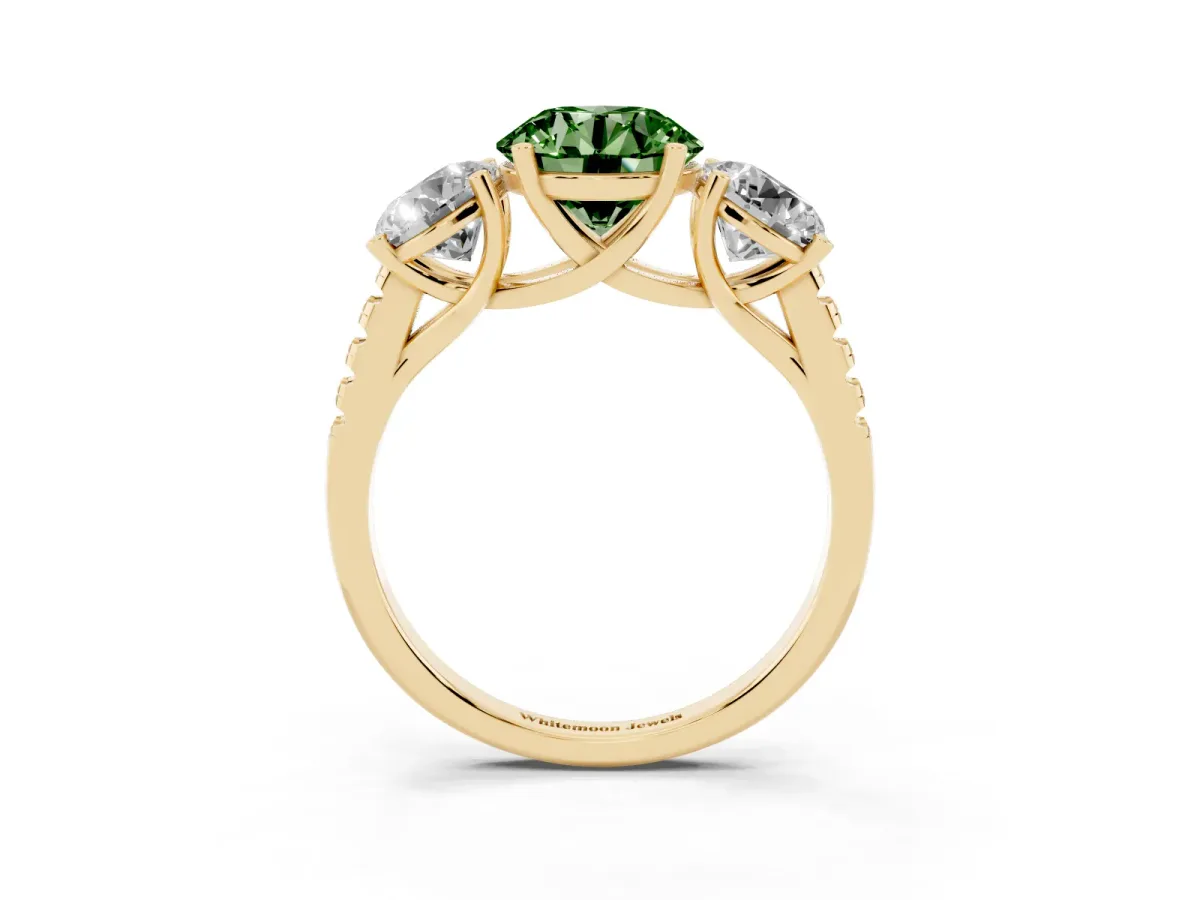 Fancy Green Three-Stone Round Cut Diamond Ring with Round Pavé Band and Prong Setting Yellow gold