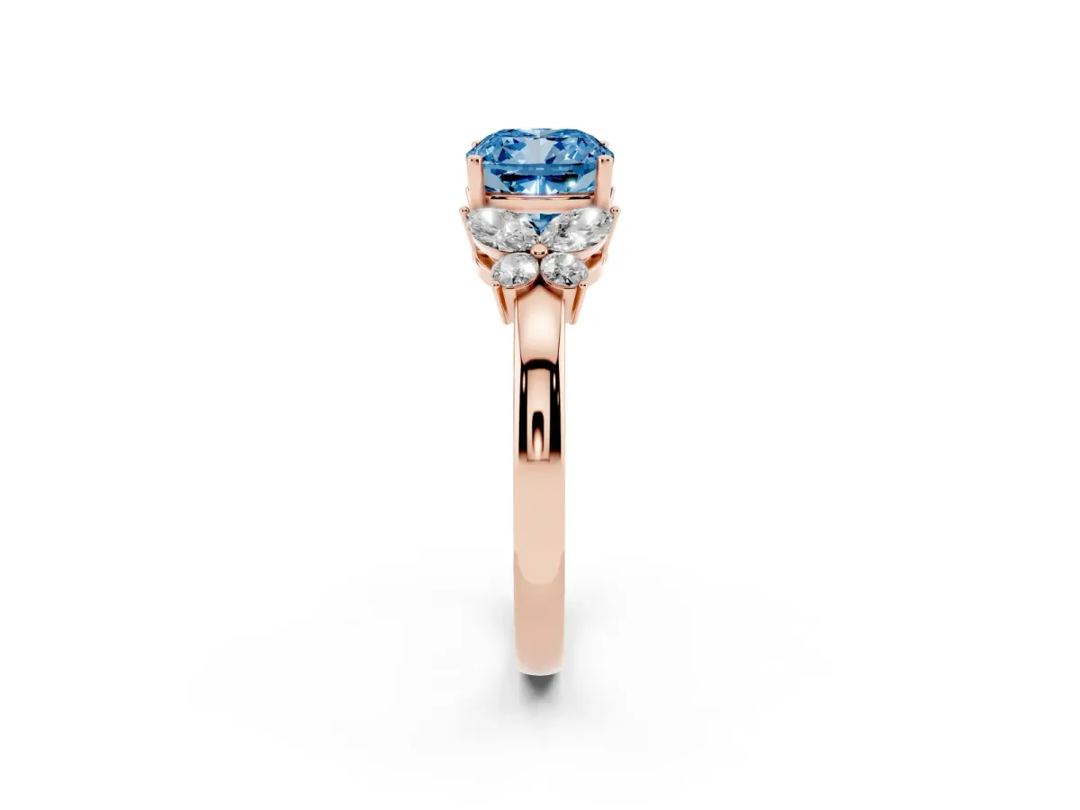 Fancy Blue Cushion Cut Cut Solitaire Floral Diamond Ring with Four-Prong Setting Rose gold