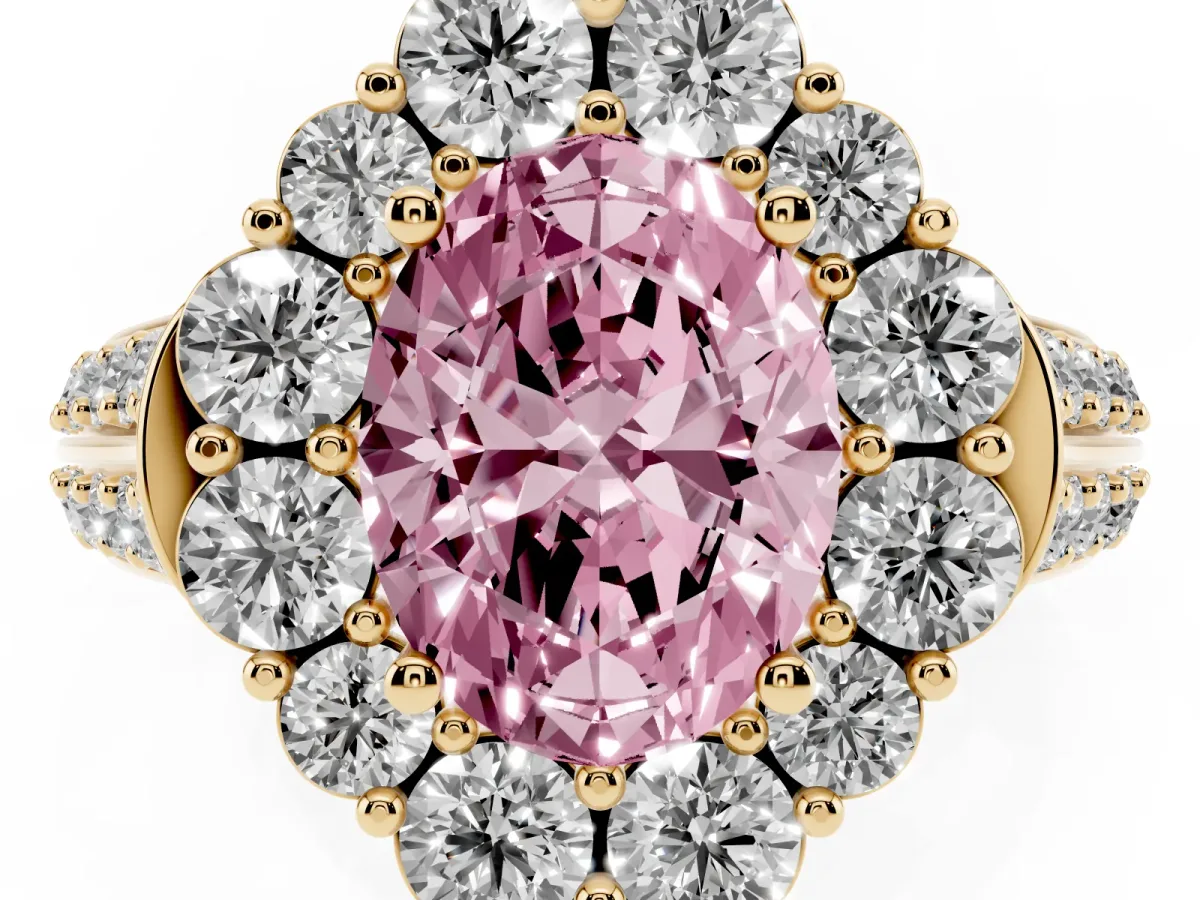 Fancy Pink Oval Cut Halo Diamond Engagement Ring with Split Shank and Prong Setting Yellow gold