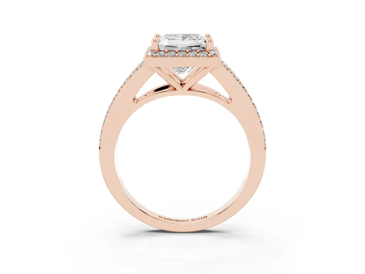 Princess Cut Halo Split Shank Diamond Ring with Prong Setting Rose gold