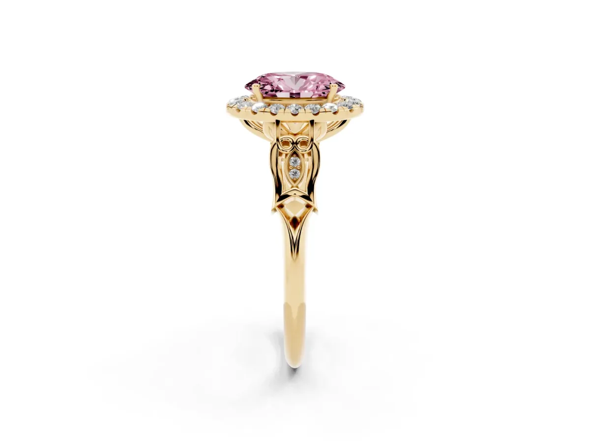 Fancy Pink Oval Cut Halo Diamond Engagement Ring with Filigree Band and Four-Prong Setting Yellow gold