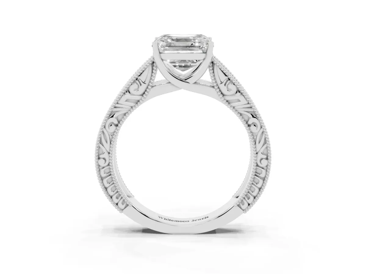 Asscher Cut Diamond Solitaire Ring with Engraved Band and Four-Prong Setting White gold