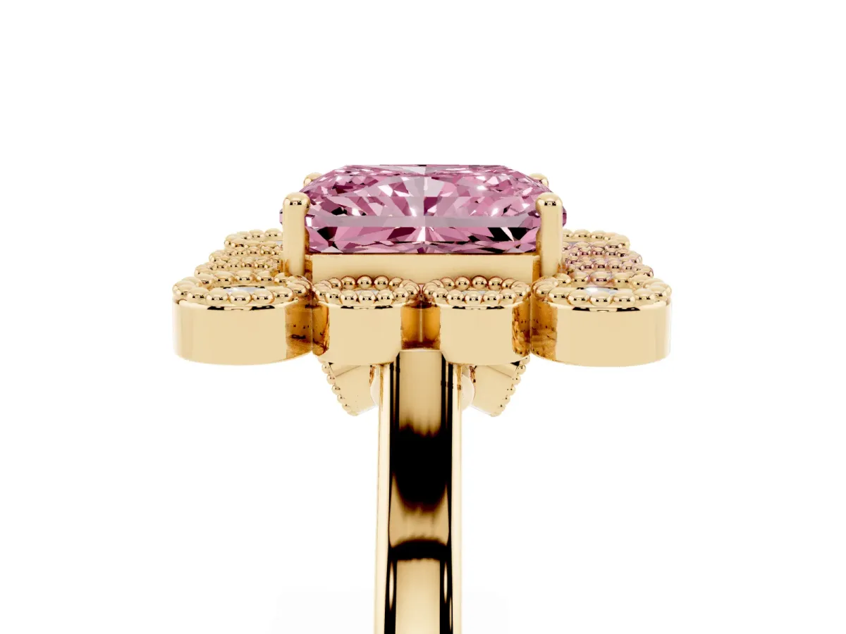 Fancy Pink Radiant Cut Halo Diamond Cluster Engagement Ring with Milgrain Bezel Setting and Solitaire Band Yellow gold