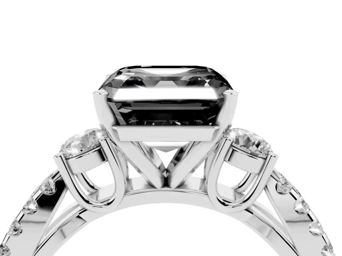 Fancy Black Asscher Cut Diamond Three-Stone Ring with Pavé Split Shank and Four-Prong Setting Silver