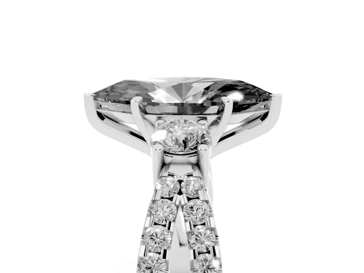 Fancy Black Marquise Cut Diamond Three-Stone Ring with Pavé Split Shank and Four-Prong Setting Platinum