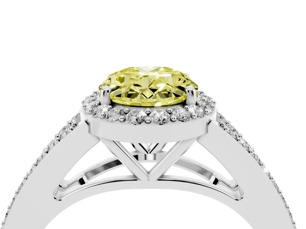 Fancy Yellow Oval Cut Halo Split Shank Pave Diamond Ring with Four-Prong Setting Platinum