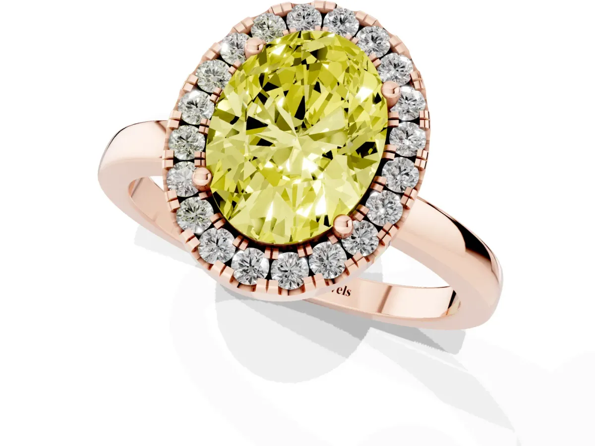 Fancy Yellow Oval Cut Halo Diamond Solitaire with Pavé Band and Four-Prong Setting Rose gold