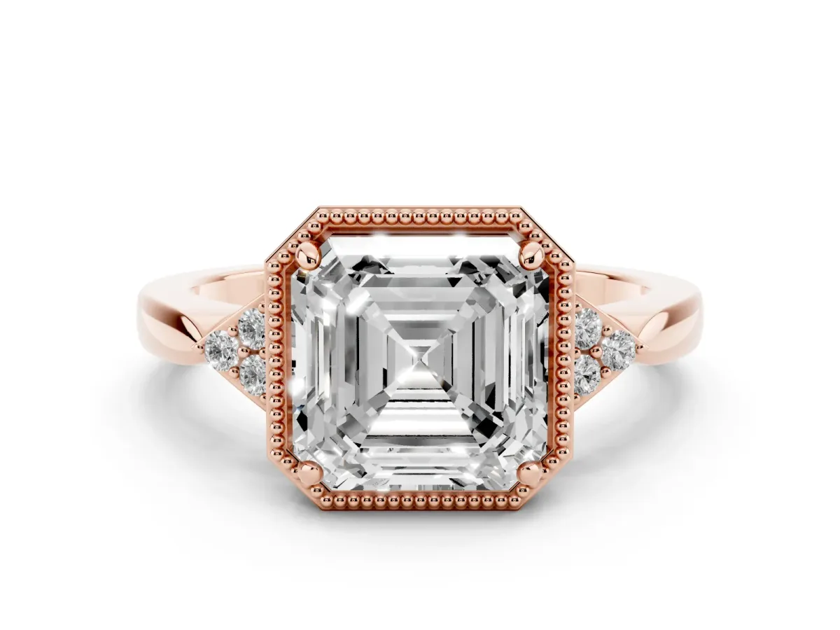 Milgrain Asscher Cut Cut Diamond Ring with Tapered Pave Band and Four Prong Setting Rose gold