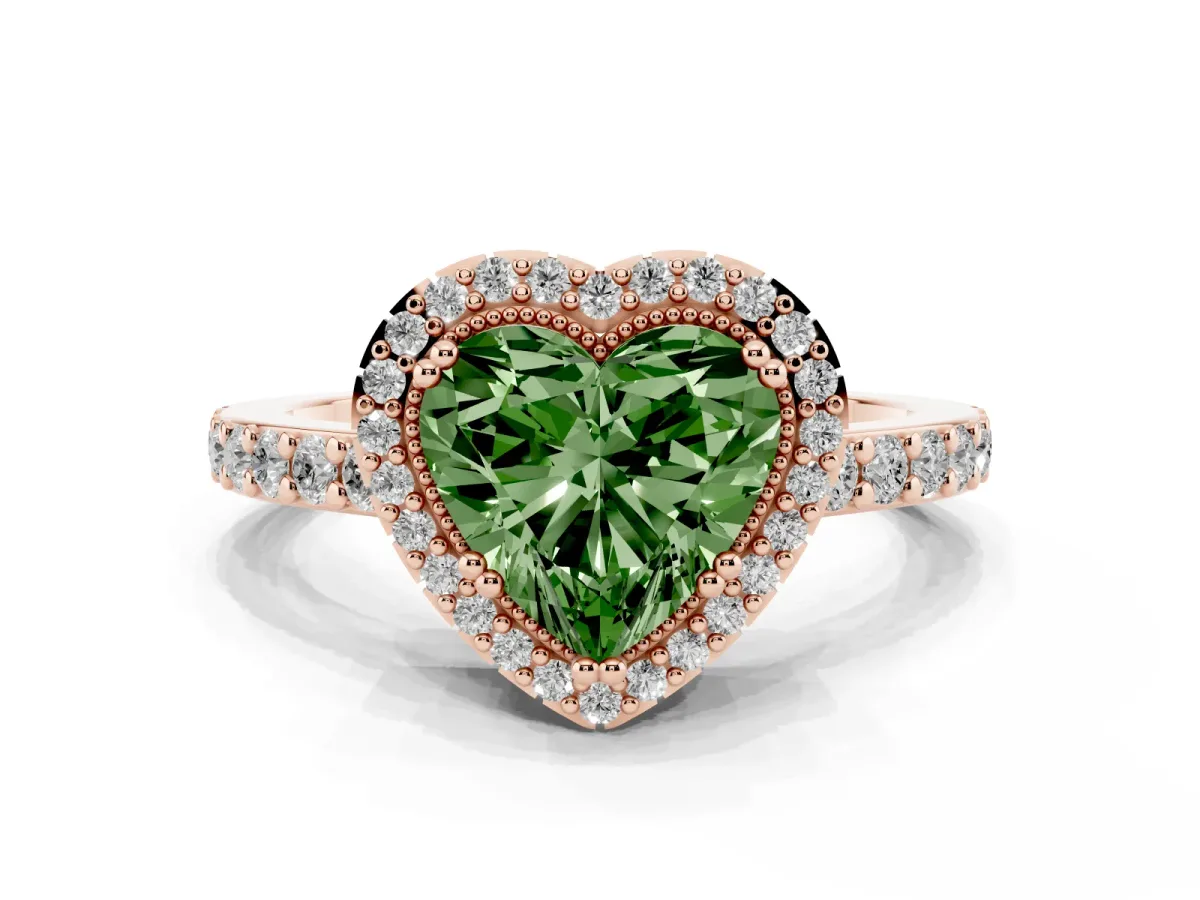 Fancy Green Heart Cut Cut Diamond Halo Engagement Ring with Milgrain Detail and Pavé Band Rose gold