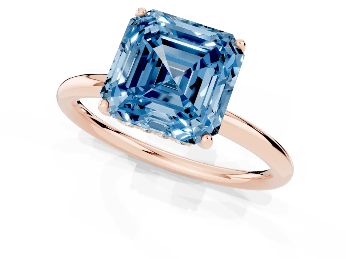 Fancy Blue Asscher Cut Solitaire Diamond Ring with a Classic Band and Four-Prong Setting Rose gold