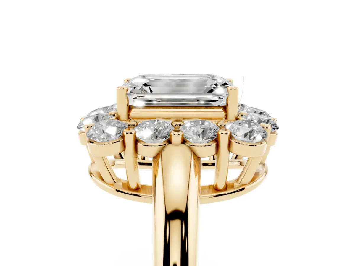 Emerald Cut Halo Cluster Diamond Engagement Ring with Prong Setting and Polished Band Yellow gold