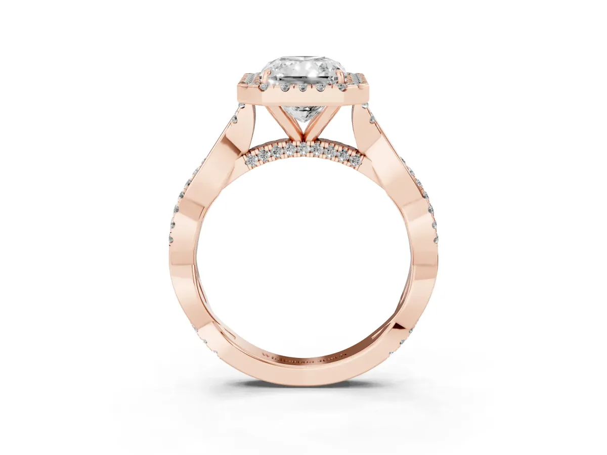 Radiant Cut Halo Twist Band Solitaire Ring Rose gold