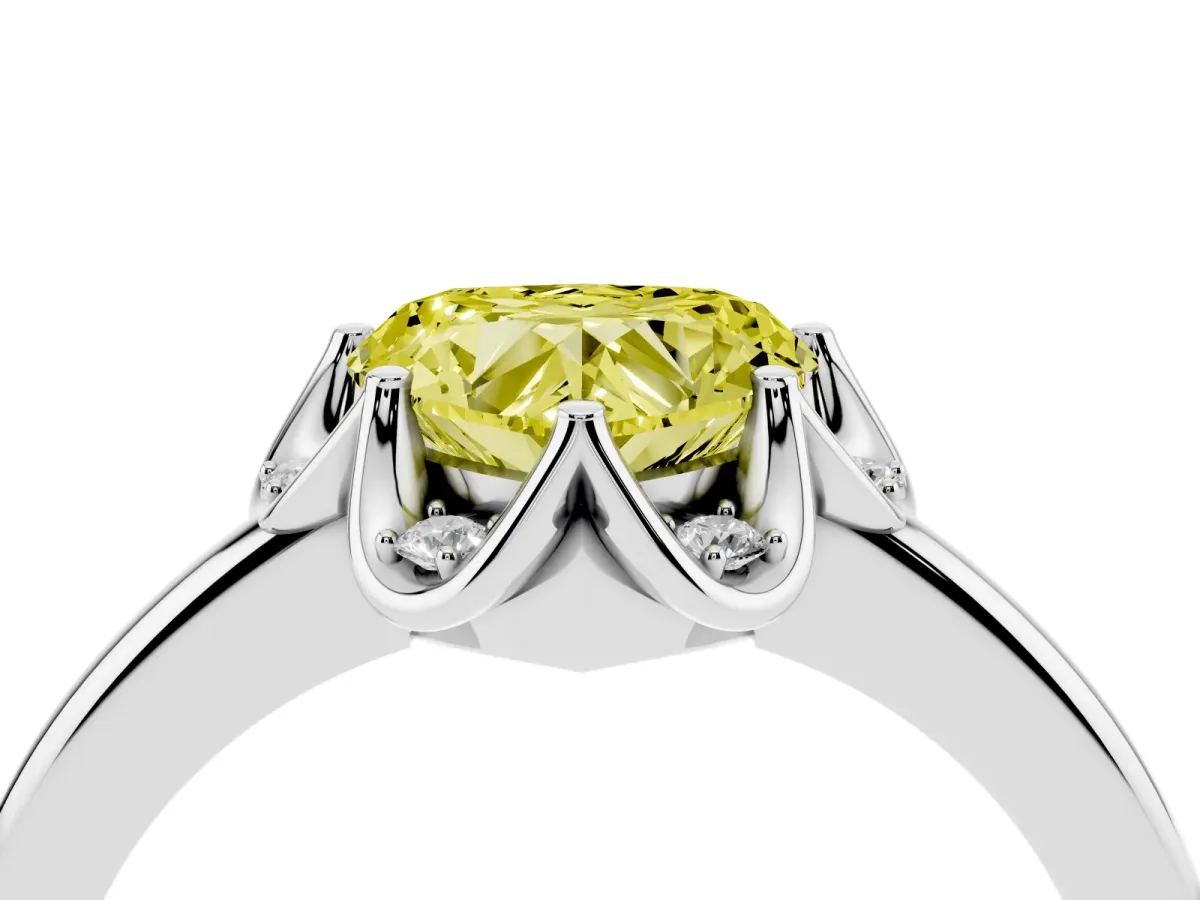 Fancy Yellow Heart Cut Halo Diamond Ring with Round Cluster Setting, Solitaire Band, and Four-Prong Setting White gold