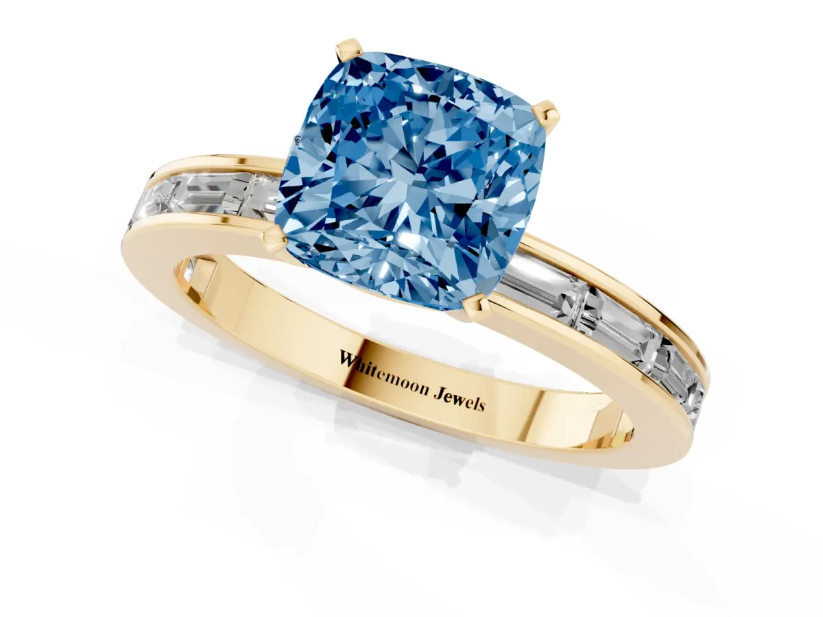 Fancy Blue Cushion Cut Solitaire Diamond Ring with Channel-Set Baguette Band and Four-Prong Setting Yellow gold